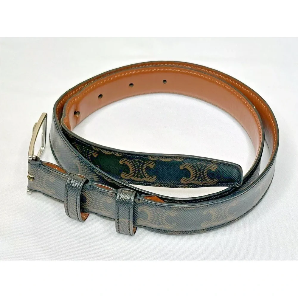 Celine Brown Buckle Belt Triomphe Coated Canvas Medium 80 W/ Dust Bag & Box - Picture 4 of 12
